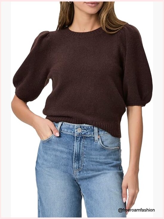 Sweaters - Lightweight Cashmere Pullover Sweater Tee Puff Sleeve Crew Neck